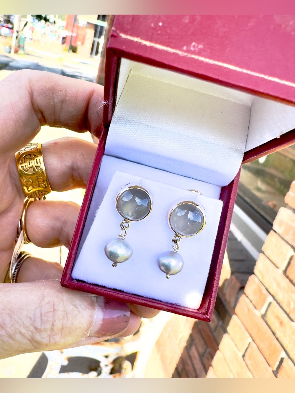 14k Grey moonstone & Pearl Earrings - Picture 8 of 8